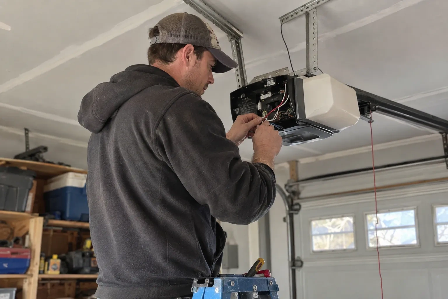 Technician in a cap on a blue ladder, connecting thin red and white wires inside an opened ceiling-mounted garage-door opener. — Pine Point