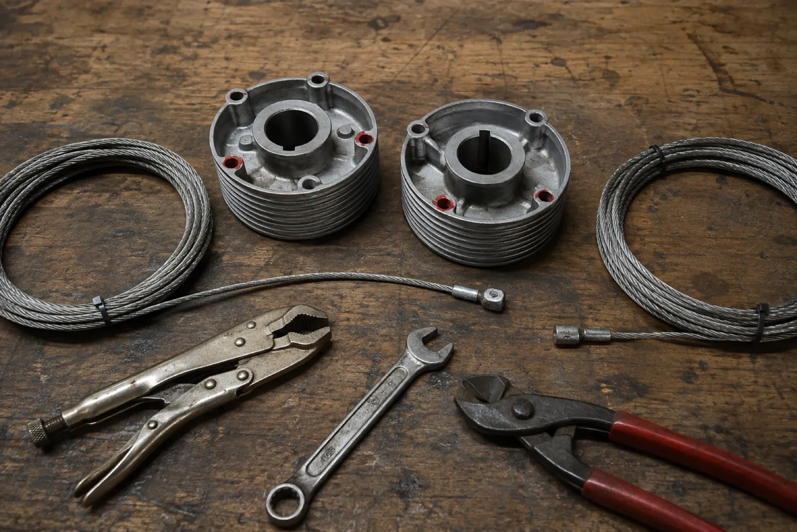 Pair of cast metal cable drums, two coiled steel cables, locking pliers, a combination wrench and red-handled cutters on a wooden bench.
