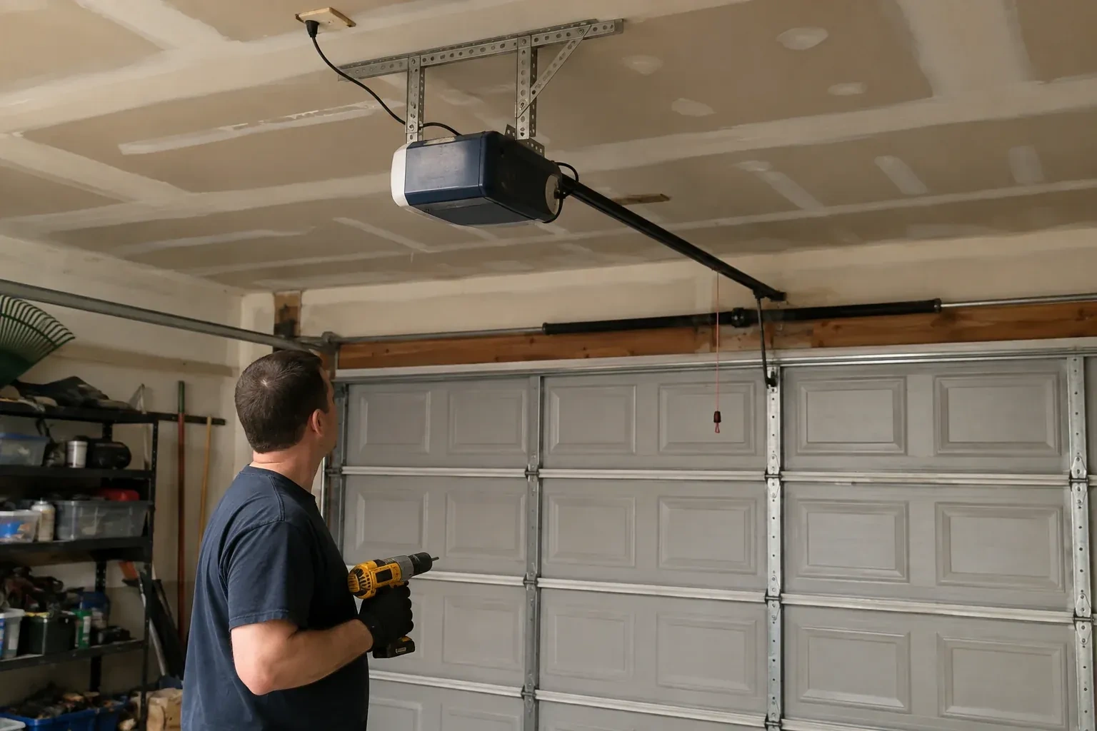 Person holding a yellow drill and looking up at a blue and white opener above a gray paneled garage door. — Chain-Drive Opener Repair, Toronto