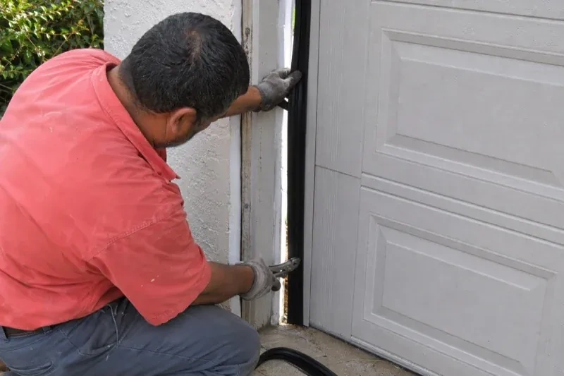 Gloved person holding a black strip along the side of a sectional garage-door opening — Garage Door Perimeter Weatherstrip, Pine Point