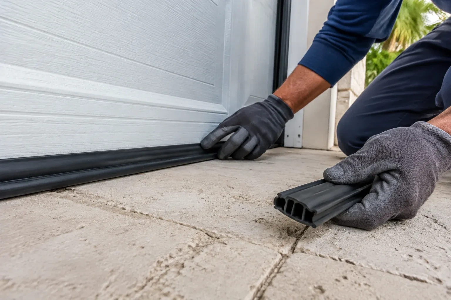 Gloved hands setting a black rubber seal along the base of a white garage door, holding a ribbed strip over paving stones. — Garage Door Bottom Seal Replacement, Toronto