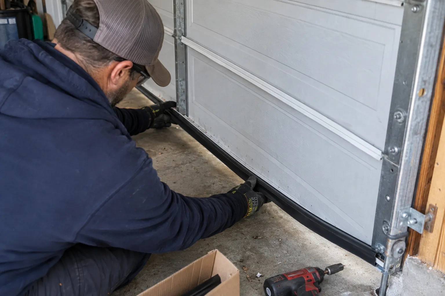 Gloved hands pressing a black rubber seal along the bottom edge of a paneled garage door, with a red drill nearby. — Toronto