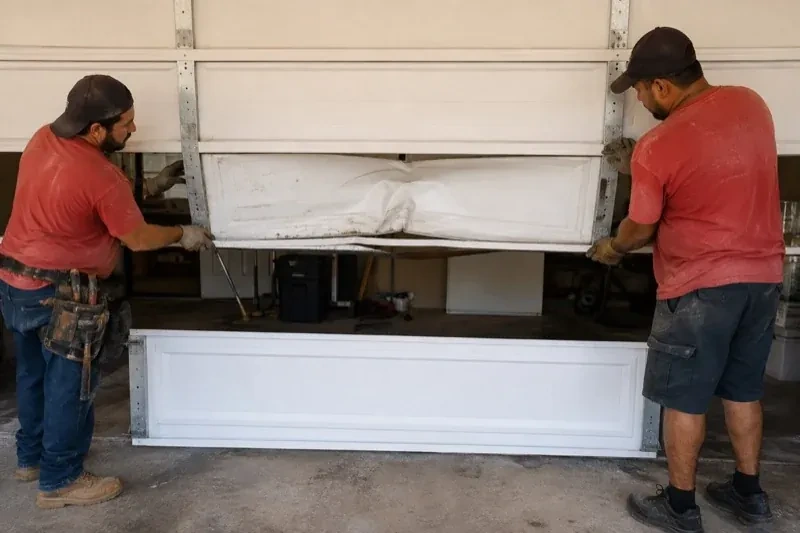 Two people holding a dented lower garage-door section above a separate white panel resting on the ground. — Garage Door Panel Replacement, Richview Gardens