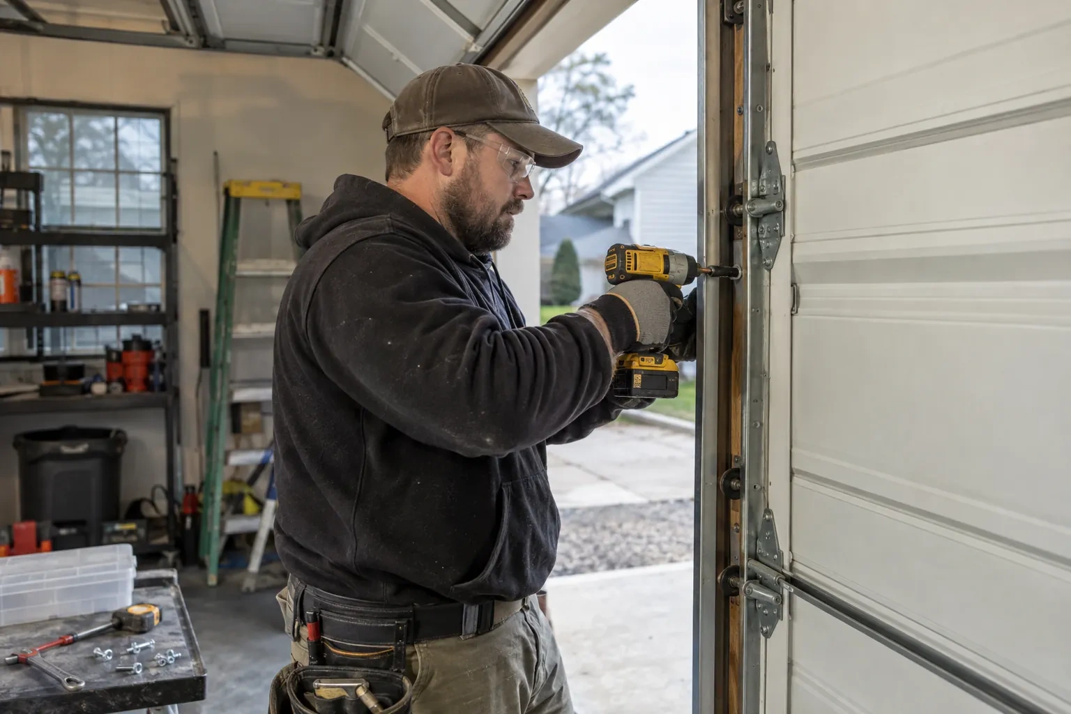 Technician in a brown cap driving a screw into a vertical door track with a yellow cordless drill, beside a workbench. — Richview Gardens